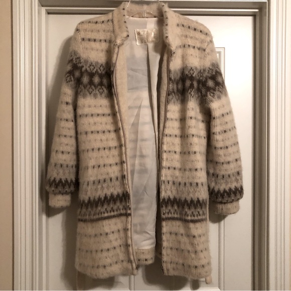 ALAFOSS ICEWOOL Ivory & Brown Virgin Wool Full-Zip Belted Sweater Coat-  Sz S - Picture 2 of 10